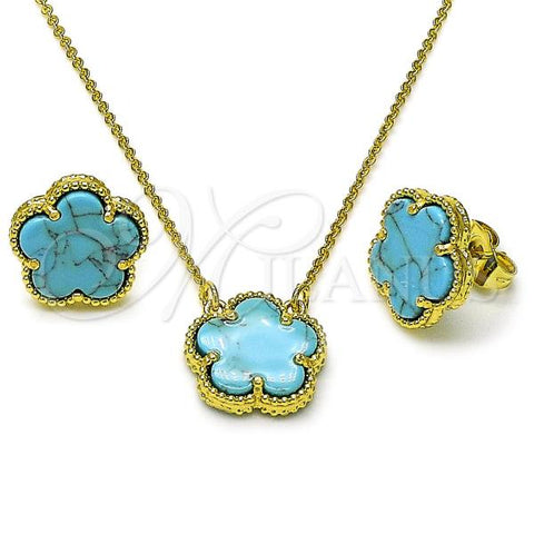 Oro Laminado Earring and Pendant Adult Set, Gold Filled Style Flower and Rolo Design, with Turquoise Opal, Polished, Golden Finish, 10.313.0008.4