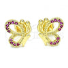 Oro Laminado Stud Earring, Gold Filled Style Butterfly Design, with Ruby Micro Pave, Polished, Golden Finish, 02.156.0387.2