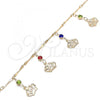 Oro Laminado Charm Anklet , Gold Filled Style Crown and Rattle Charm Design, with Multicolor Crystal, Polished, Golden Finish, 03.213.0115.1.10