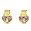 Oro Laminado Stud Earring, Gold Filled Style Lock and Heart Design, with Ruby Micro Pave, Polished, Golden Finish, 02.156.0441.1