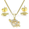 Oro Laminado Earring and Pendant Adult Set, Gold Filled Style Heart Design, with White Micro Pave, Polished, Golden Finish, 10.233.0044