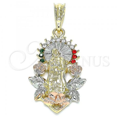 Oro Laminado Religious Pendant, Gold Filled Style Guadalupe and Flower Design, with Multicolor Crystal, Polished, Tricolor, 05.380.0082.1