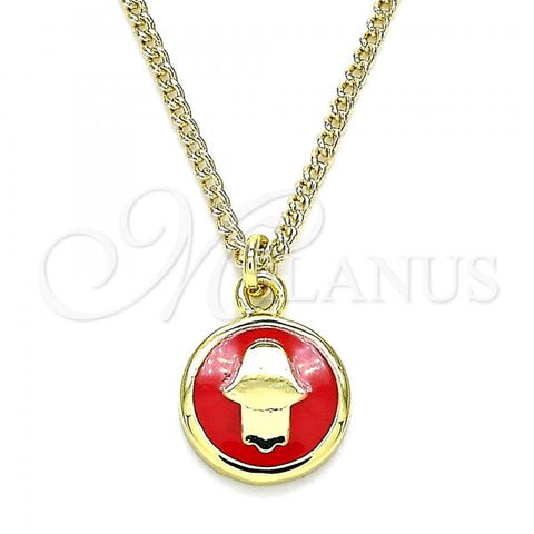 Oro Laminado Pendant Necklace, Gold Filled Style Hand of God Design, Red Enamel Finish, Golden Finish, 04.374.0003.20
