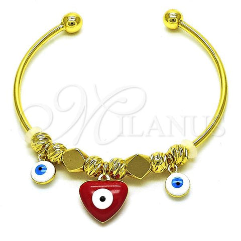 Oro Laminado Individual Bangle, Gold Filled Style Heart and Evil Eye Design, Red Enamel Finish, Golden Finish, 07.299.0001