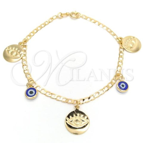Oro Laminado Charm Bracelet, Gold Filled Style Evil Eye and Concave Cuban Design, Polished, Golden Finish, 03.58.0045.07