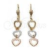 Oro Laminado Long Earring, Gold Filled Style Heart Design, Diamond Cutting Finish, Tricolor, 5.090.014