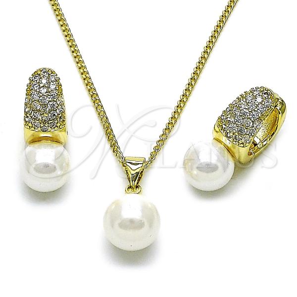 Oro Laminado Earring and Pendant Adult Set, Gold Filled Style Ball Design, with Ivory Pearl and White Micro Pave, Polished, Golden Finish, 10.213.0032