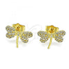Oro Laminado Stud Earring, Gold Filled Style Dragon-Fly Design, with White Micro Pave and White Cubic Zirconia, Polished, Golden Finish, 02.156.0640