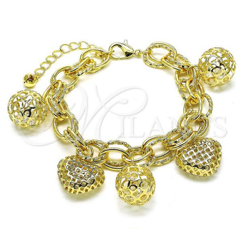 Oro Laminado Charm Bracelet, Gold Filled Style Heart and Ball Design, Polished, Golden Finish, 03.331.0231.08