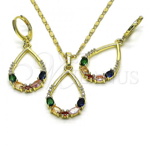 Oro Laminado Earring and Pendant Adult Set, Gold Filled Style Teardrop Design, with Multicolor Cubic Zirconia and White Micro Pave, Polished, Golden Finish, 10.196.0079.3