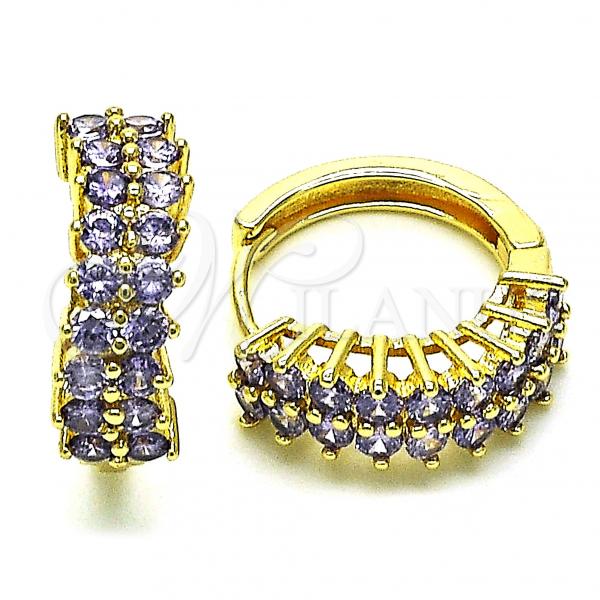 Oro Laminado Huggie Hoop, Gold Filled Style with Amethyst Cubic Zirconia, Polished, Golden Finish, 02.316.0024.6.15