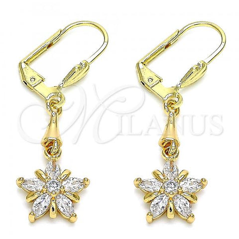 Oro Laminado Long Earring, Gold Filled Style Flower Design, with White Cubic Zirconia, Polished, Golden Finish, 02.213.0320
