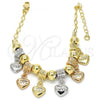Oro Laminado Charm Bracelet, Gold Filled Style Heart and Love Design, Polished, Tricolor, 03.63.1907.1.08