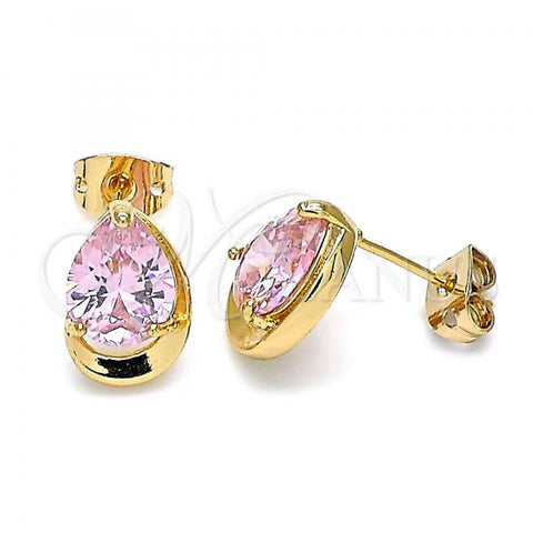 Oro Laminado Stud Earring, Gold Filled Style Teardrop Design, with Pink Cubic Zirconia, Polished, Golden Finish, 02.213.0234