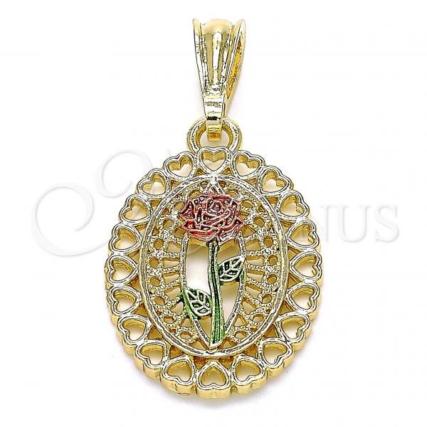 Oro Laminado Fancy Pendant, Gold Filled Style Flower and Heart Design, Polished, Tricolor, 05.351.0131.1