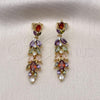 Oro Laminado Long Earring, Gold Filled Style Leaf Design, with Multicolor Cubic Zirconia, Polished, Golden Finish, 02.346.0019.2