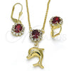 Oro Laminado Earring and Pendant Adult Set, Gold Filled Style Dolphin Design, with Garnet and White Crystal, Polished, Golden Finish, 10.122.0008