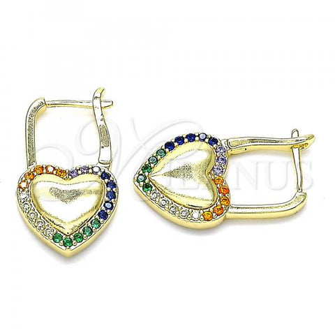 Oro Laminado Huggie Hoop, Gold Filled Style Lock and Heart Design, with Multicolor Micro Pave, Polished, Golden Finish, 02.210.0624.2.12