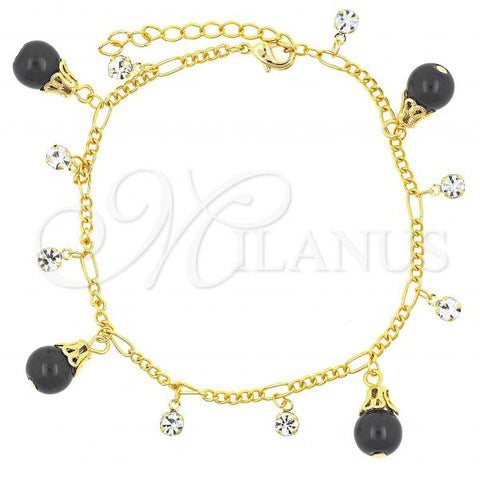 Oro Laminado Charm Bracelet, Gold Filled Style Teardrop and Figaro Design, with Black Crystal and White Cubic Zirconia, Polished, Golden Finish, 03.60.0125.1.07