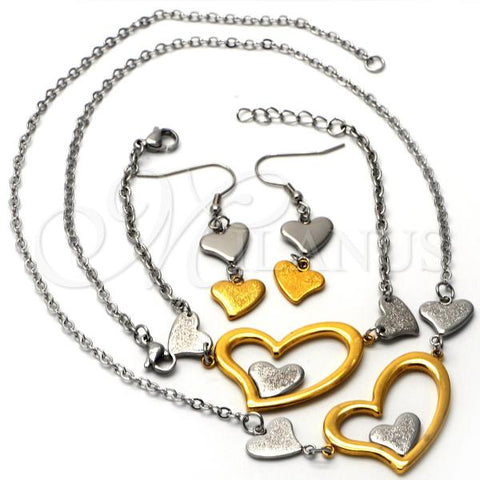 Stainless Steel Necklace, Bracelet and Earring, Heart Design, Matte Finish, Two Tone, 06.231.0028