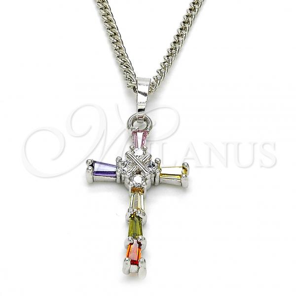 Rhodium Plated Pendant Necklace, Cross Design, with Multicolor Cubic Zirconia, Polished, Rhodium Finish, 04.284.0008.7.22