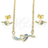 Oro Laminado Earring and Pendant Adult Set, Gold Filled Style Heart Design, with Sapphire Blue and Turquoise Cubic Zirconia, Polished, Golden Finish, 10.316.0055.1