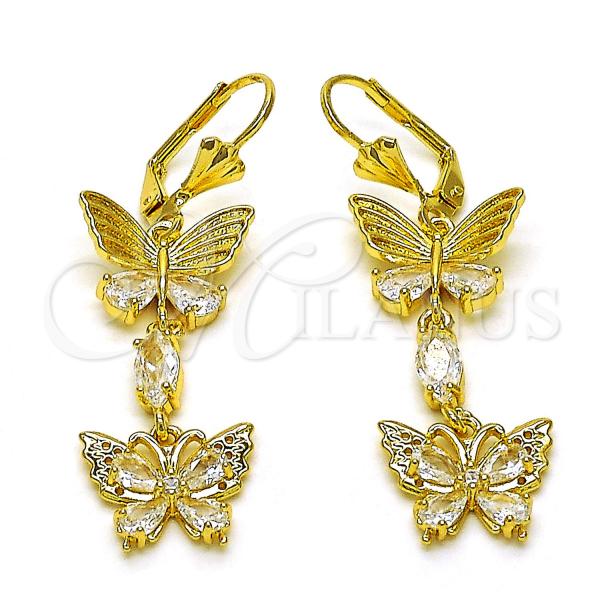 Oro Laminado Long Earring, Gold Filled Style Butterfly Design, with White Cubic Zirconia, Polished, Golden Finish, 02.387.0116