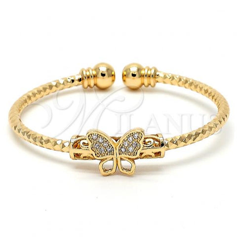 Oro Laminado Individual Bangle, Gold Filled Style Butterfly and Ball Design, with White Micro Pave, Diamond Cutting Finish, Golden Finish, 07.193.0004.1
