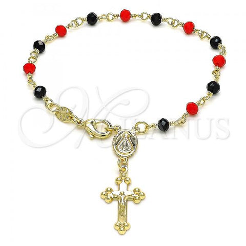 Oro Laminado Thin Rosary, Gold Filled Style Caridad del Cobre and Crucifix Design, with Black and Garnet Crystal, Polished, Golden Finish, 09.63.0112.1.08
