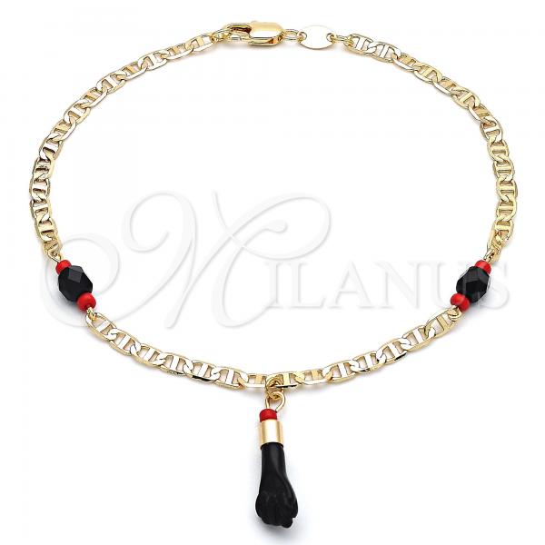 Oro Laminado Charm Anklet , Gold Filled Style Hand Design, with Black and Orange Red Crystal, Polished, Golden Finish, 03.63.1812.10