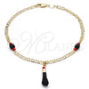 Oro Laminado Charm Anklet , Gold Filled Style Hand Design, with Black and Orange Red Crystal, Polished, Golden Finish, 03.63.1812.10
