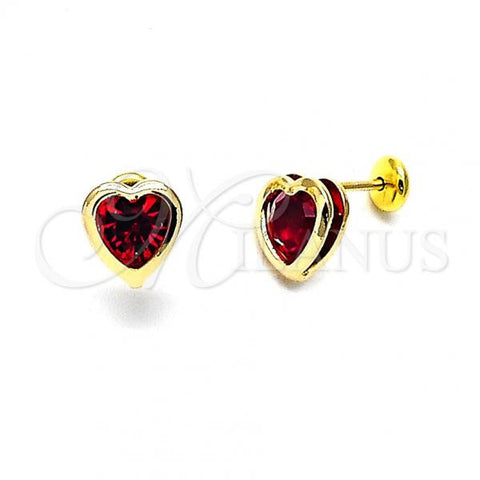 Oro Laminado Stud Earring, Gold Filled Style Heart and Love Design, with Orange Red Crystal, Polished, Golden Finish, 02.09.0097.2
