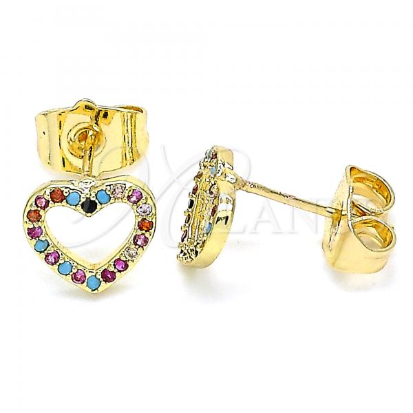 Oro Laminado Stud Earring, Gold Filled Style Heart Design, with Multicolor Micro Pave, Polished, Golden Finish, 02.233.0049.2