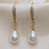 Oro Laminado Long Earring, Gold Filled Style Teardrop Design, with Ivory Pearl and White Cubic Zirconia, Polished, Golden Finish, 02.387.0111