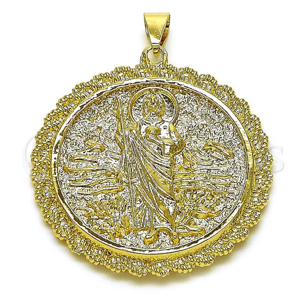 Oro Laminado Religious Pendant, Gold Filled Style Guadalupe and San Judas Design, Diamond Cutting Finish, Golden Finish, 05.213.0149