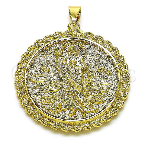 Oro Laminado Religious Pendant, Gold Filled Style Guadalupe and San Judas Design, Diamond Cutting Finish, Golden Finish, 05.213.0149