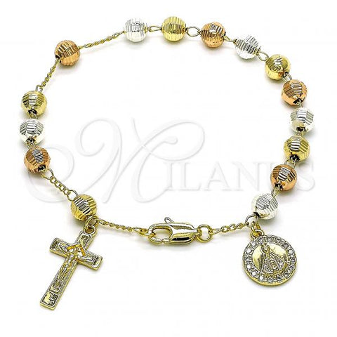 Oro Laminado Charm Bracelet, Gold Filled Style Caridad del Cobre and Crucifix Design, with White Cubic Zirconia, Diamond Cutting Finish, Tricolor, 03.253.0095.08
