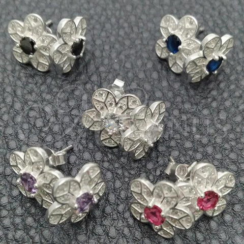 Sterling Silver Stud Earring, Flower Design, with White Cubic Zirconia, Polished, Silver Finish, 02.398.0009