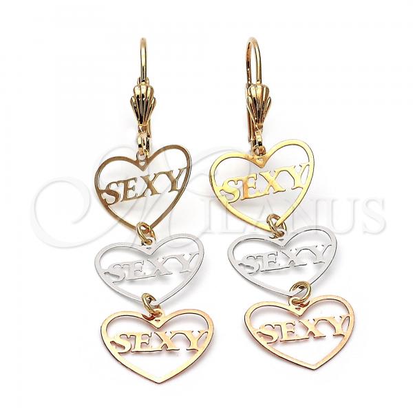 Oro Laminado Long Earring, Gold Filled Style Heart Design, Polished, Tricolor, 5.113.015