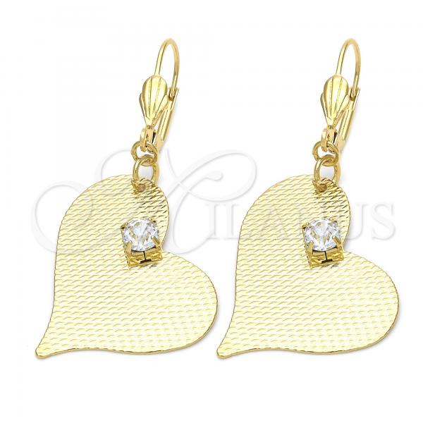 Oro Laminado Dangle Earring, Gold Filled Style Heart Design, with White Crystal, Diamond Cutting Finish, Golden Finish, 77.002