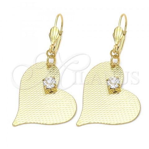 Oro Laminado Dangle Earring, Gold Filled Style Heart Design, with White Crystal, Diamond Cutting Finish, Golden Finish, 77.002