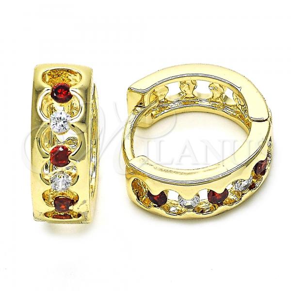 Oro Laminado Huggie Hoop, Gold Filled Style with Garnet and White Cubic Zirconia, Polished, Golden Finish, 02.237.0031.15