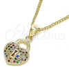 Oro Laminado Pendant Necklace, Gold Filled Style Lock and Heart Design, with Multicolor Micro Pave, Polished, Golden Finish, 04.156.0303.3.20