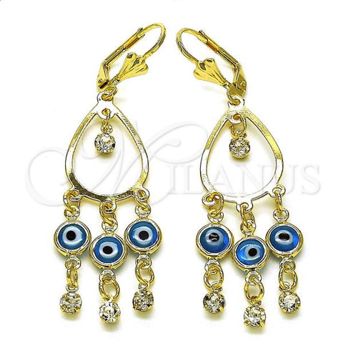 Oro Laminado Long Earring, Gold Filled Style Teardrop and Evil Eye Design, with Aqua Blue and White Crystal, Polished, Golden Finish, 02.414.0001