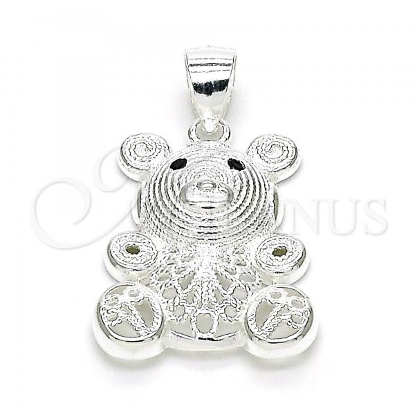 Sterling Silver Fancy Pendant, Teddy Bear Design, with Black Micro Pave, Polished,, 05.398.0025