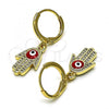 Oro Laminado Dangle Earring, Gold Filled Style Hand of God and Evil Eye Design, with White Micro Pave, Red Enamel Finish, Golden Finish, 02.253.0051.1