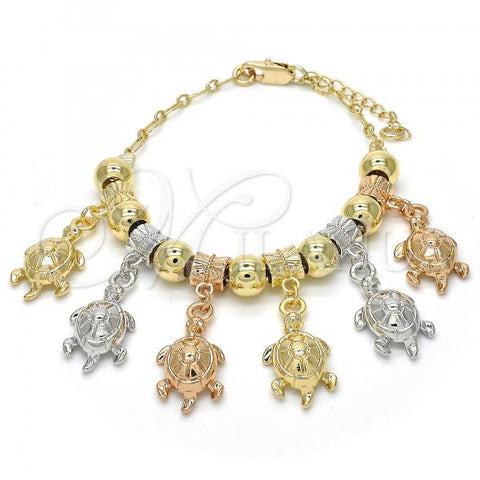 Oro Laminado Charm Bracelet, Gold Filled Style Turtle Design, Polished, Tricolor, 03.63.1953.1.08