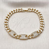 Oro Laminado Fancy Bracelet, Gold Filled Style Puff Mariner and Miami Cuban Design, with White Cubic Zirconia, Polished, Golden Finish, 03.283.0470.08