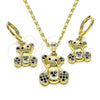 Oro Laminado Earring and Pendant Adult Set, Gold Filled Style Teddy Bear Design, with Black Cubic Zirconia and Black Micro Pave, Polished, Golden Finish, 10.196.0036.3