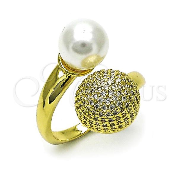 Oro Laminado Multi Stone Ring, Gold Filled Style Ball Design, with Ivory Pearl and White Micro Pave, Polished, Golden Finish, 01.341.0134